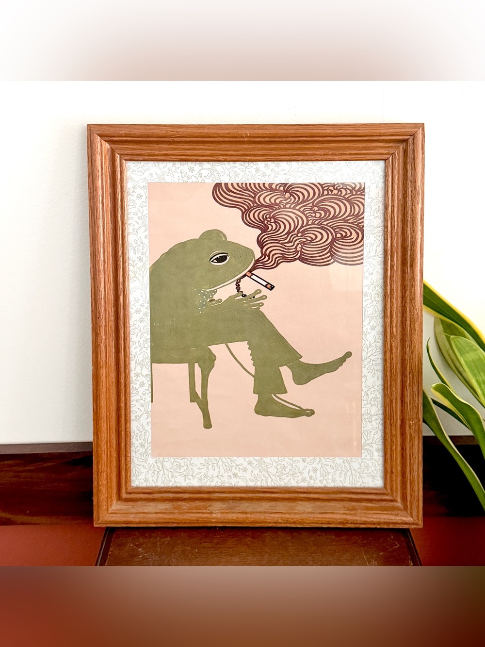 Green Frog Smoking a Cigarette Drawing Canvas Print Quirky Wall Art Wood Framed